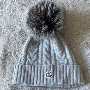 Moncler Silver Fox Fur Pom-Pom Cable-Knit Beanie